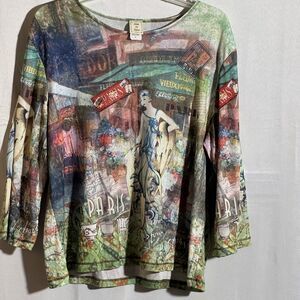 Jess & Jane Paris Graphic Art Top Women's XL 3/4 Sleeve Travel Shirt Casual